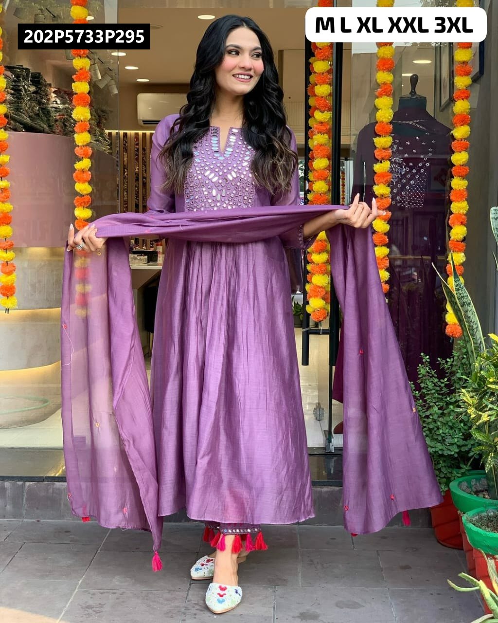 TRENDBUY model in purple mirror work cotton Anarkali kurti set with dupatta, full body shot.