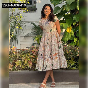 TRENDBUY Women's Muslin Tiered Midi Dress with Jungle Print