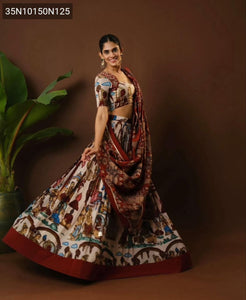 TRENDBUY Women's Off-White & Maroon Kalamkari Print Cotton Lehenga Choli Set