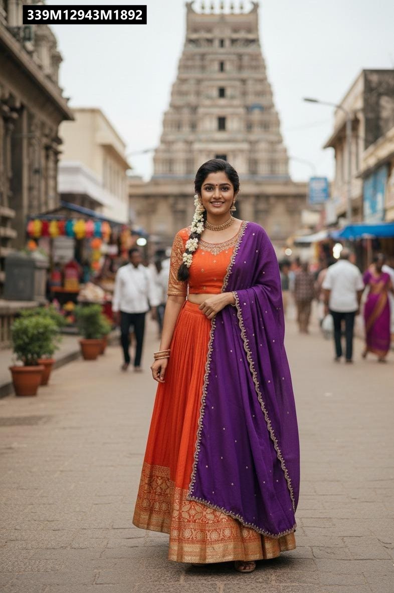 Front full-body shot of a model gracefully wearing the TRENDBUY Orange Half-Saree Lehenga with a purple dupatta, smiling confidently outdoors against a blurred street and temple background.