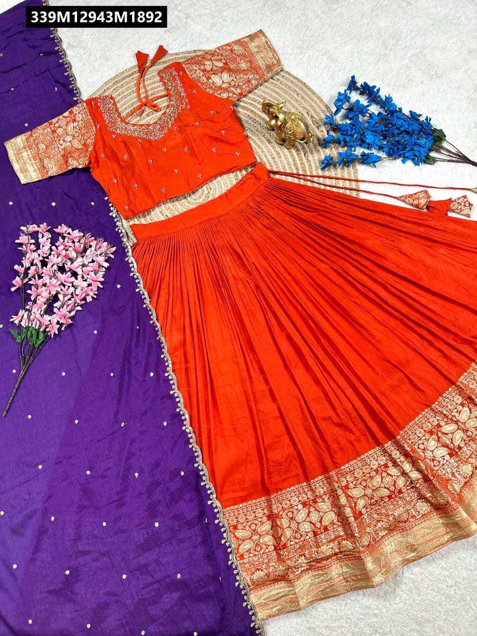 TRENDBUY Orange Viscose Silk Half-Saree Lehenga Set