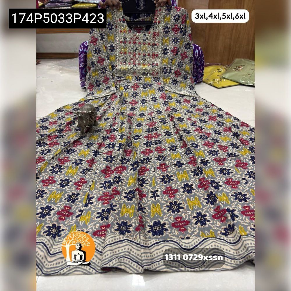TRENDBUY Grey multi-color floral print umbrella long kurti with intricate embroidered neck design, full view on flat lay.