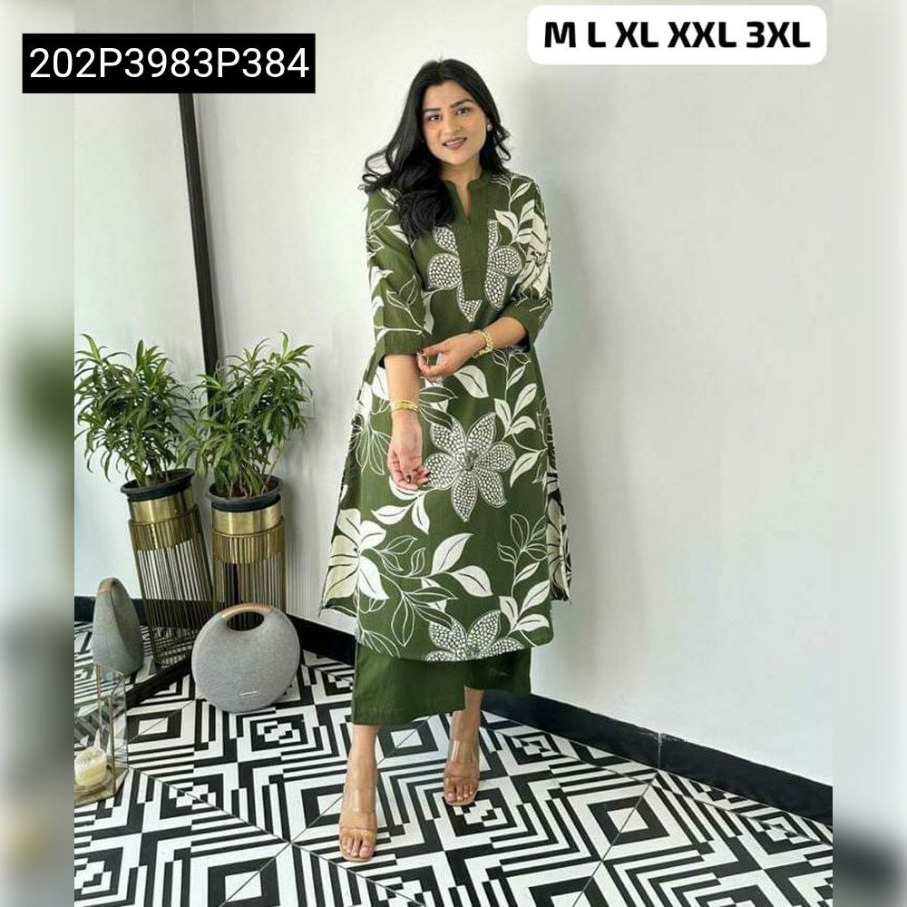 TRENDBUY Olive Green cotton co-ord set, A-line top with large white floral print, ankle pants, full body model shot.