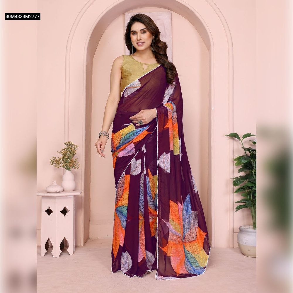 TRENDBUY Women's Purple Leaf Print Georgette Ready-to-Wear Saree with gold blouse, front view.