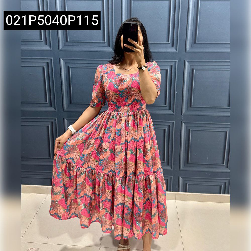 TRENDBUY model in pink floral Hakoba tiered maxi dress, full body mirror selfie, showcasing flowy silhouette and gathered tiers.