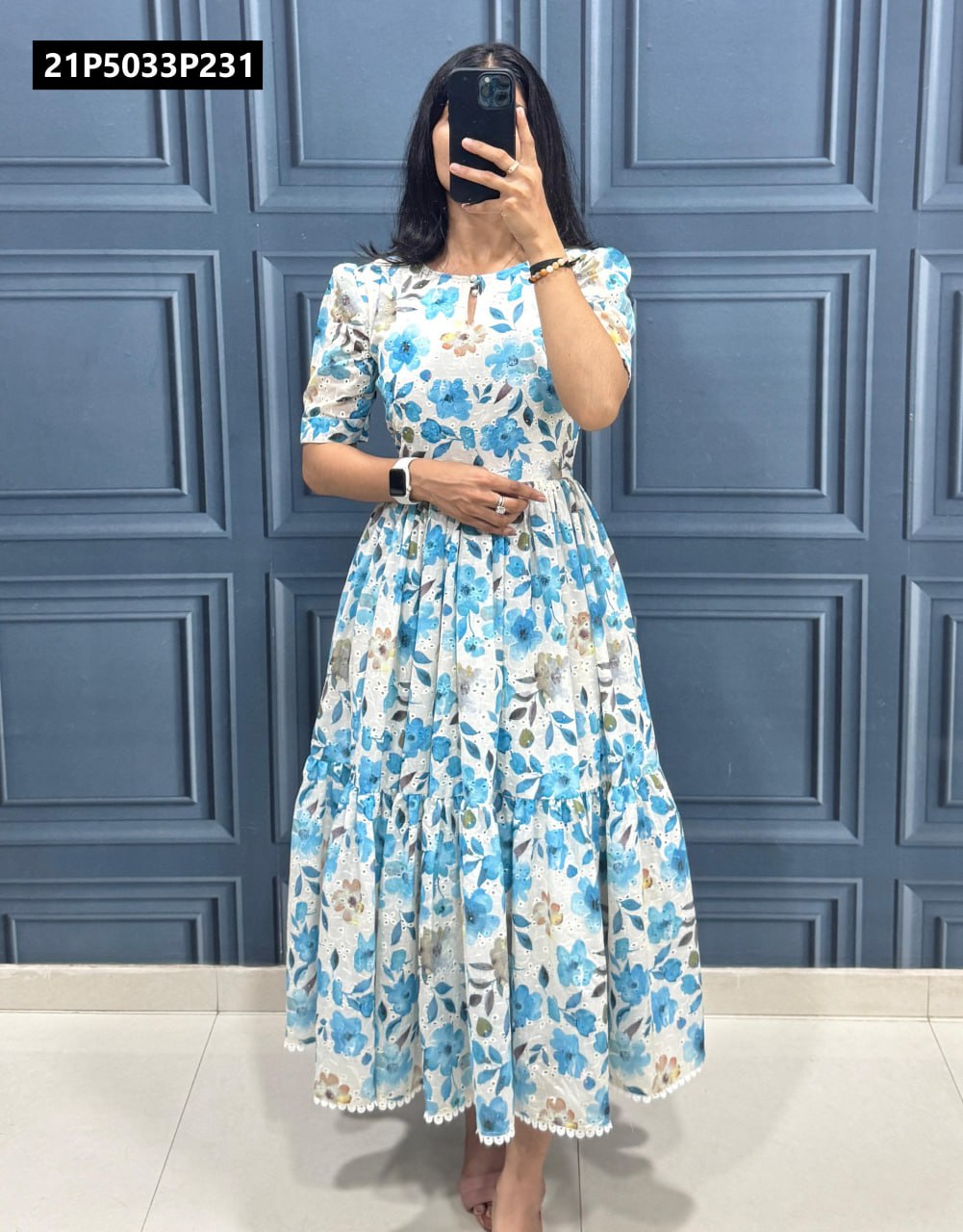 TRENDBUY Women's Blue Floral Printed Hakoba Maxi Dress, full body front view