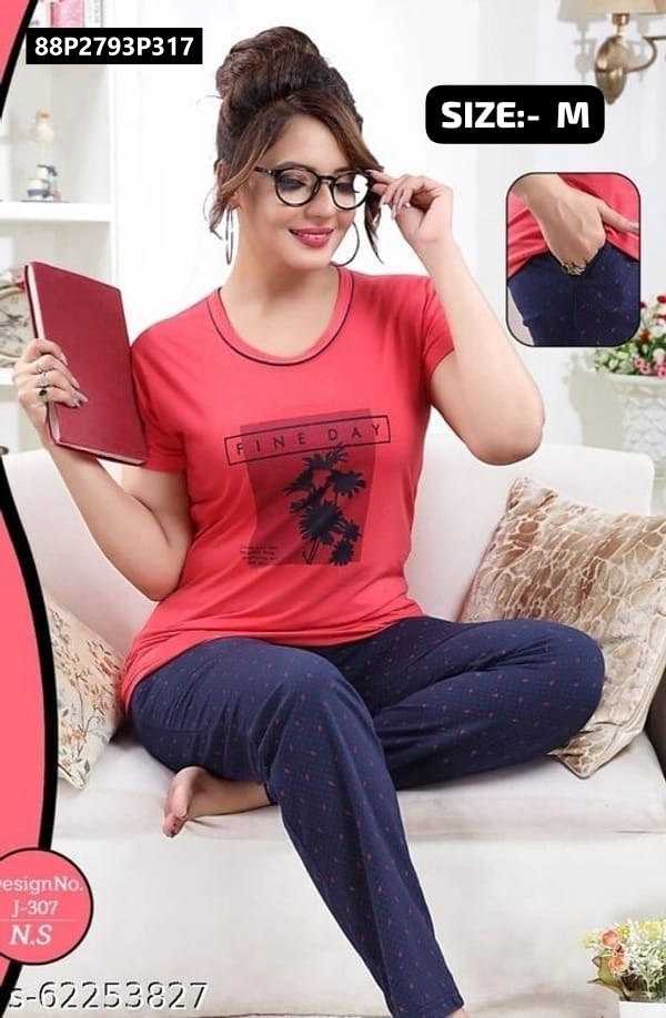 TRENDBUY Women's Red T-Shirt with Navy Dotted Capri Loungewear Set, model sitting on a sofa with glasses and a book.