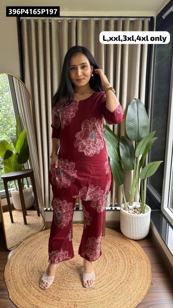TRENDBUY Women's maroon pure cotton 60x60 co-ord set with white floral prints, full body shot of model.