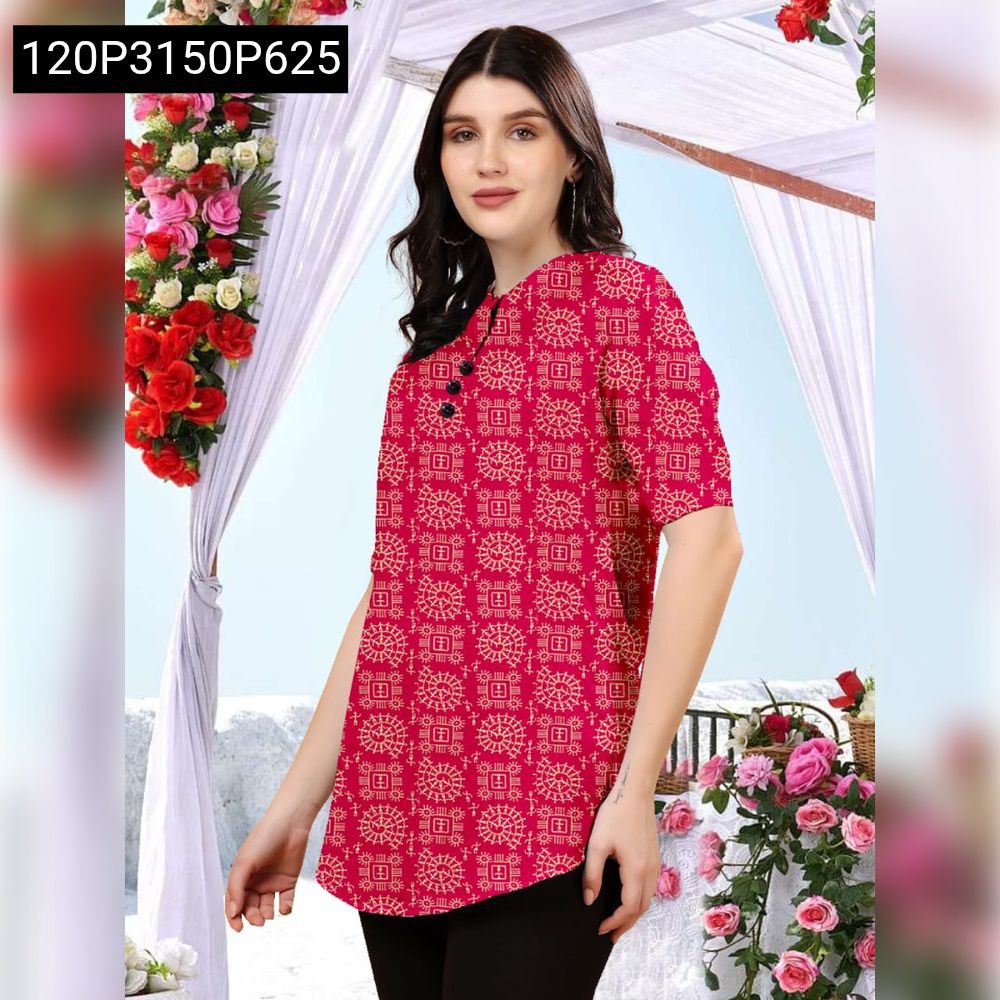 TRENDBUY Women's Hot Pink Pure Rion Cotton Tunic Top with geometric print, model posing casually.