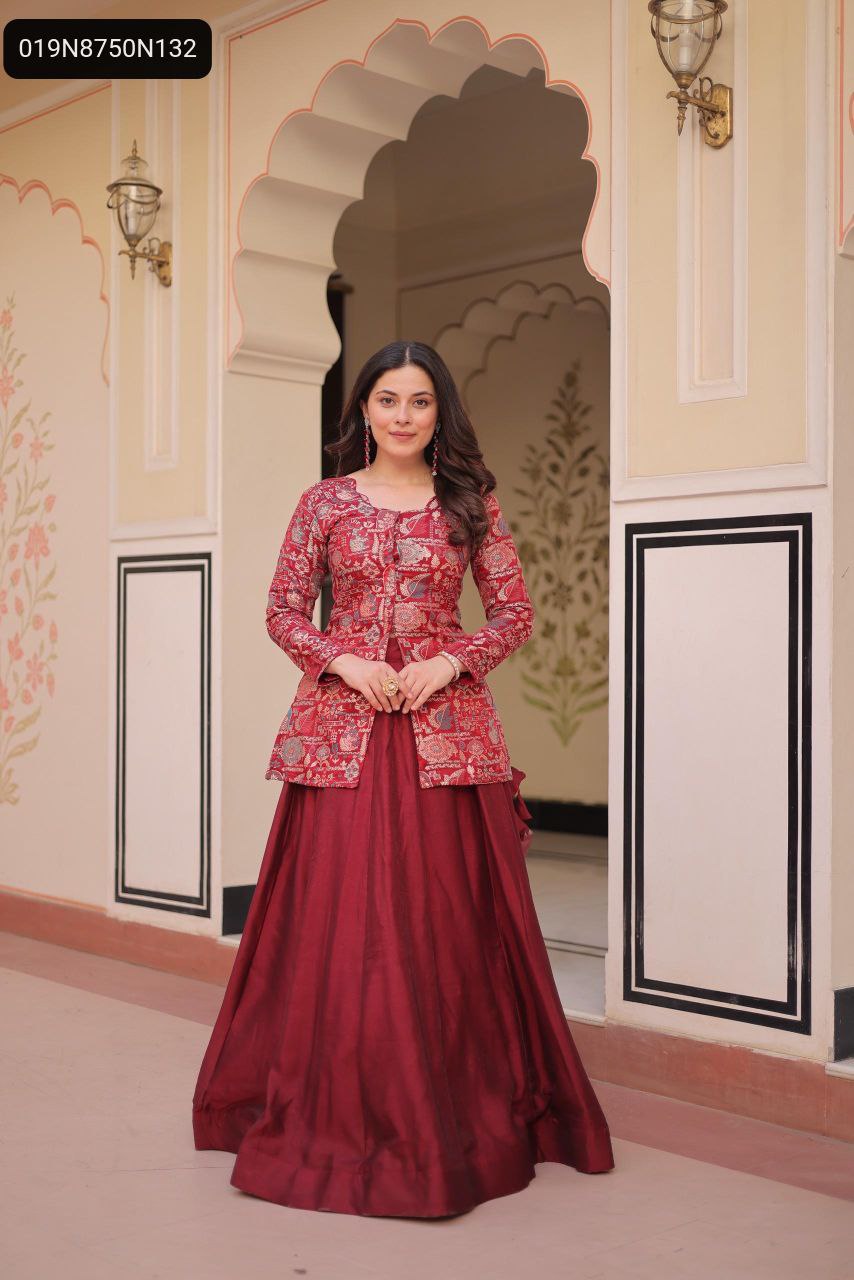 Full body shot of a model confidently showcasing the TRENDBUY Maroon Jacquard Lehenga Choli set with a flowing skirt.