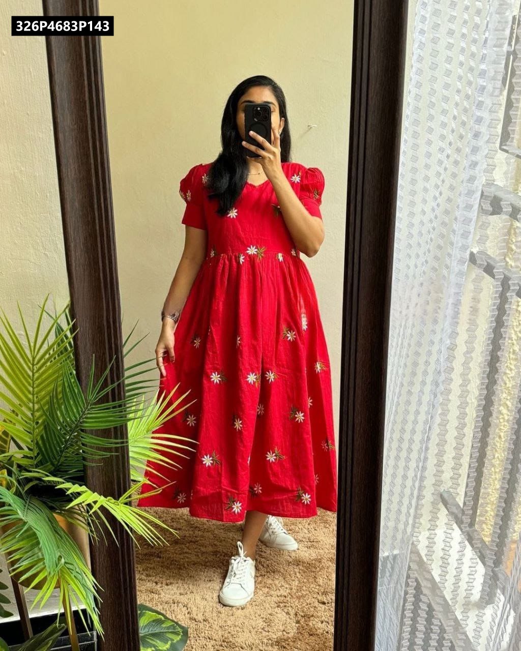 Full body mirror shot of a woman wearing the TRENDBUY red floral embroidered maxi dress, paired with white sneakers, showcasing the complete outfit and comfortable fit.