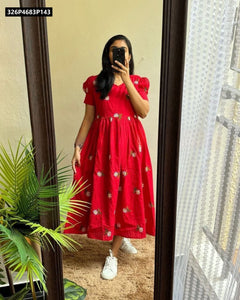 TRENDBUY Women's Red Floral Embroidered Maska Cotton Maxi Dress