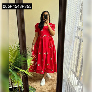 TRENDBUY Women's Red Floral Embroidered Maska Cotton Maxi Dress