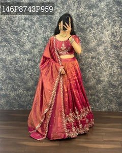 TRENDBUY Women's Red & Purple Premium Tissue Silk Zari Work Lehenga Choli
