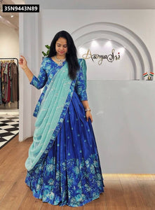 TRENDBUY Women's Royal Blue Chinon Digital Print Lehenga Choli Set with Mint Green Dupatta