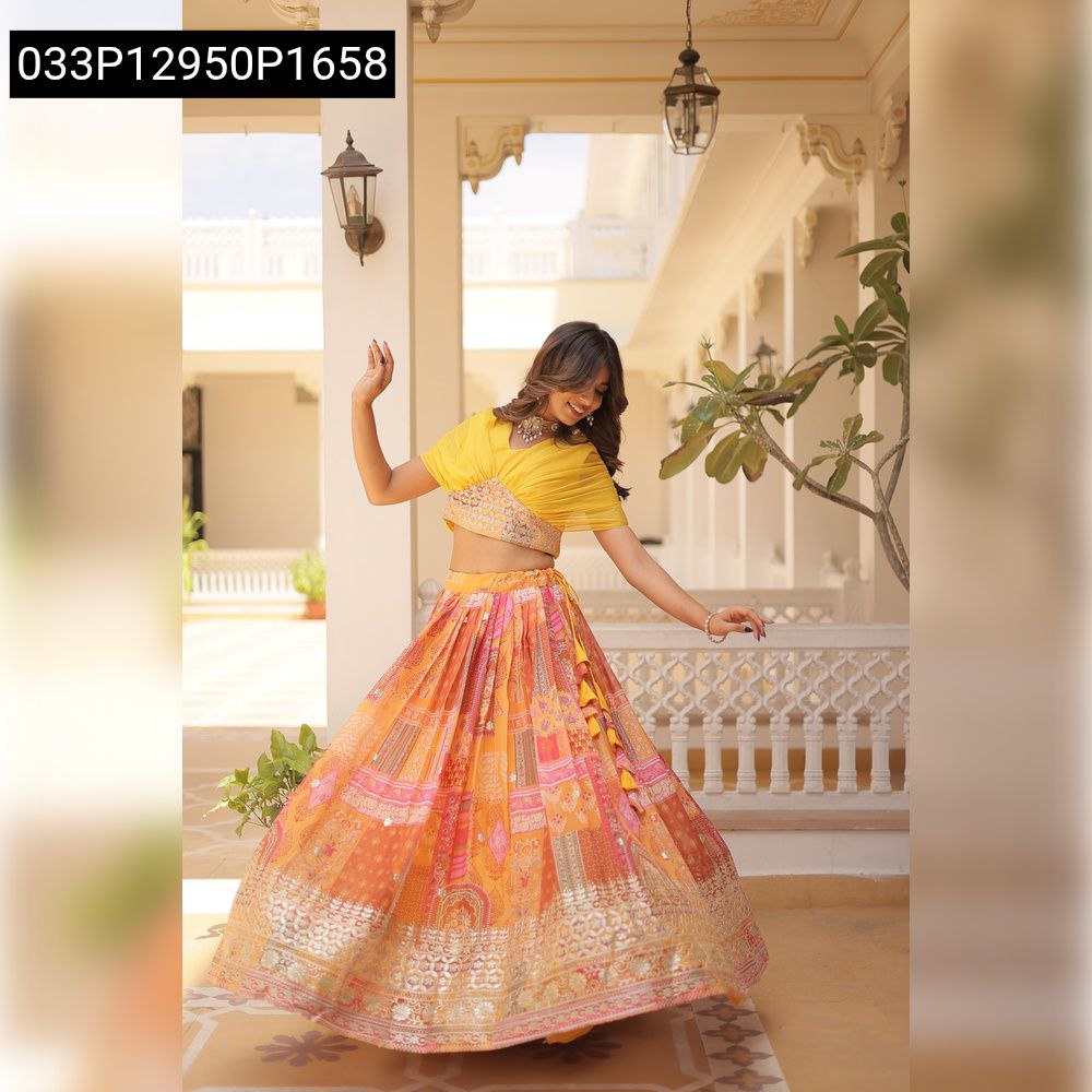 Full shot of a model twirling gracefully in a vibrant Amber Glow (yellow/orange) TRENDBUY digital printed lehenga choli, highlighting its 3.5-meter flair and intricate foil embroidery.