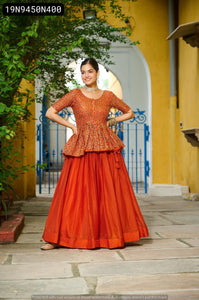 TRENDBUY Women's Rust Orange Fendy Lehenga Choli with Sequins & Peplum Blouse