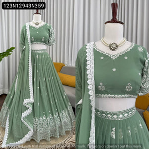 TRENDBUY Women's Sage Green Faux Georgette Lehenga Choli with 9mm Sequin & Thread Embroidery
