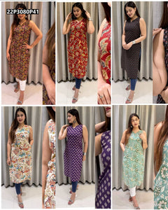 TRENDBUY Women's Sleeveless Printed Cotton Kurti with Side Pocket