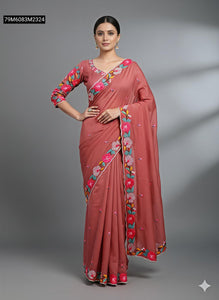 TRENDBUY Women's Soft Dola Silk Saree with Multicolor Floral Embroidery & Matched Blouse