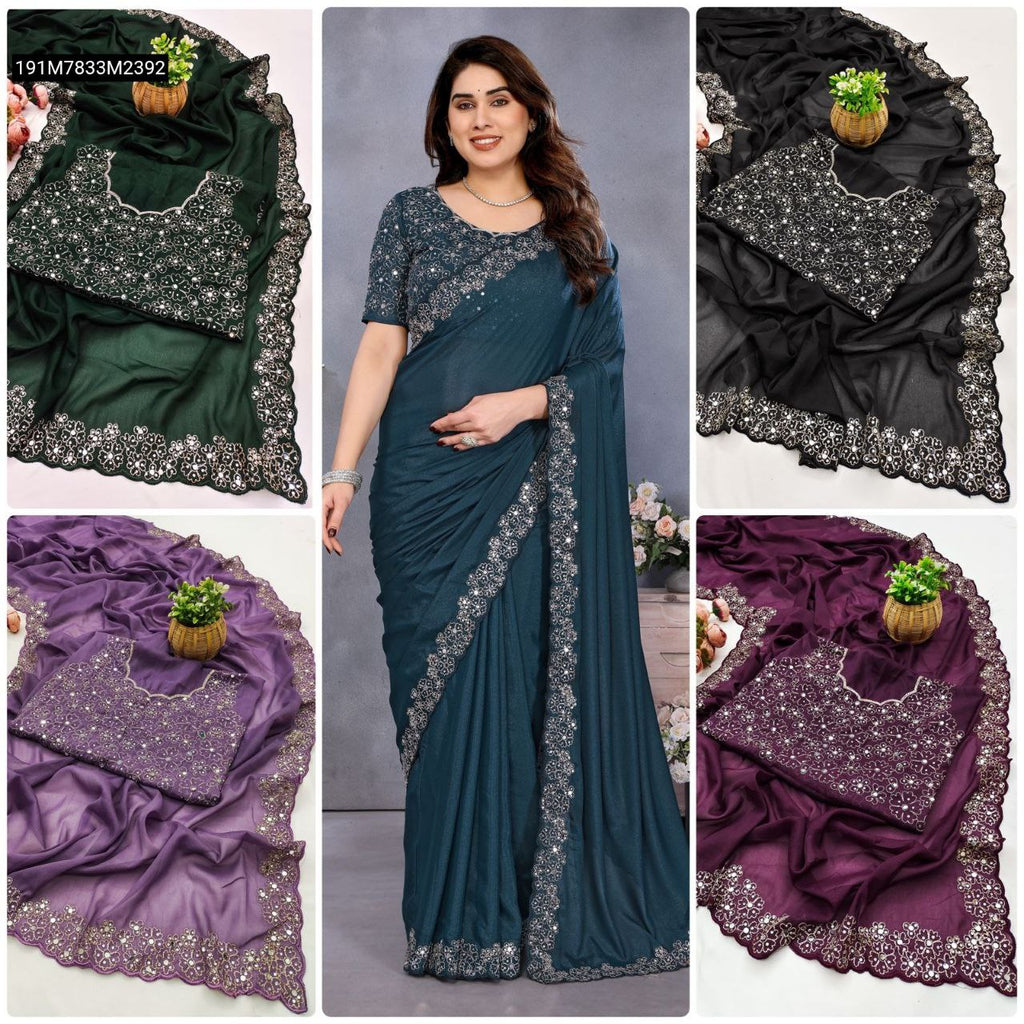Collage of TRENDBUY Georgette Silk Sarees in Teal, Emerald Green, Jet Black, Lavender Purple, and Royal Plum, with model wearing Teal.