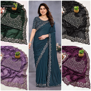 TRENDBUY Women's Star Georgette Silk Saree with Real Mirror & Diamond Hand Work Cut Border