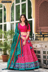 TRENDBUY Women's Tasar Silk Leheriya Patola Lehenga Choli Set with Bandhej Dupatta