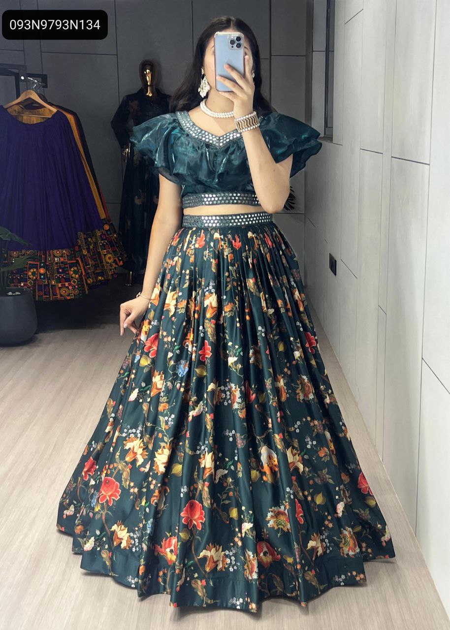 TRENDBUY Women's Teal Floral Print Lehenga Choli Set, full body front view showing flare and details.