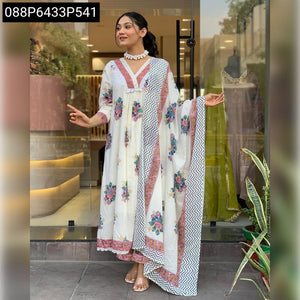 TRENDBUY Women's White Cotton Floral Embroidered Kurta Set with Dupatta