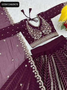 TRENDBUY Women's Wine Purple Fox Georgette Embroidered Lehenga Choli Set with 7mm Sequence Work