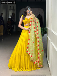 TRENDBUY Yellow Georgette Lehenga Choli Set with Floral Embroidered Organza Dupatta