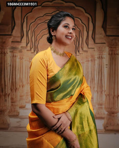 TRENDBUY Yellow & Green Banarasi Soft Silk Saree with Zari Work & Jacquard Weave