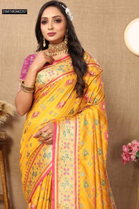 TRENDBUY Yellow & Pink Patola Silk Saree with Meenakari Weaving & Traditional Border