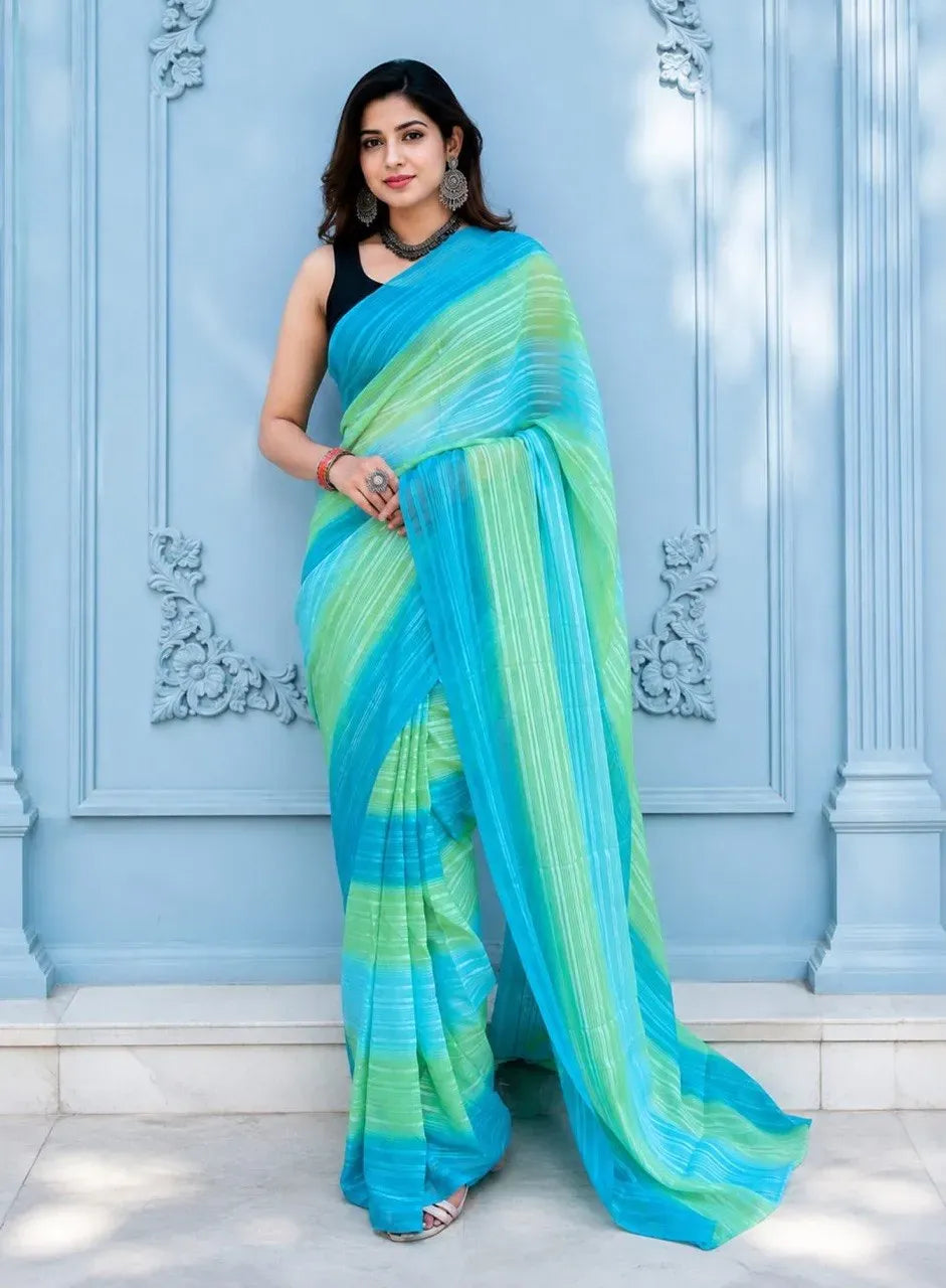 Model wearing blue and green gradient soft georgette ready to wear saree