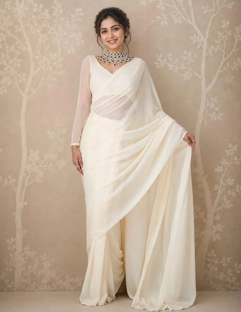 Model wearing white 1 minute ready to wear georgette saree