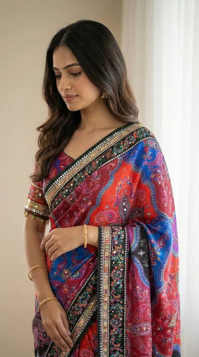 Trending Ajarakh Roman Silk Saree - Real Mirror Work for Festive Occasions