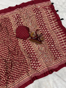 Trending Ajrakh Print Crepe Silk Saree - Real Mirror Work for Festive & Party Wear