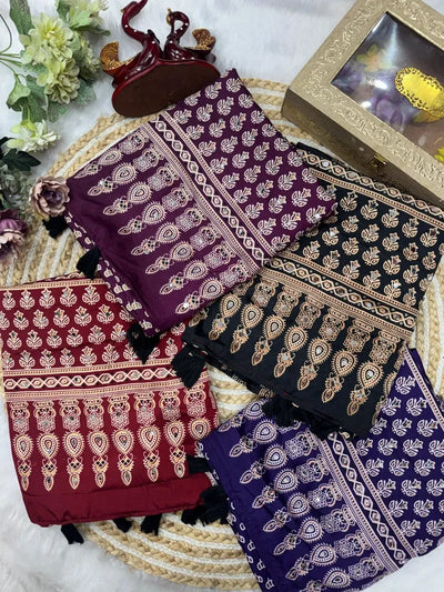 Trending Ajrakh Print Crepe Silk Saree - Real Mirror Work for Festive & Party Wear