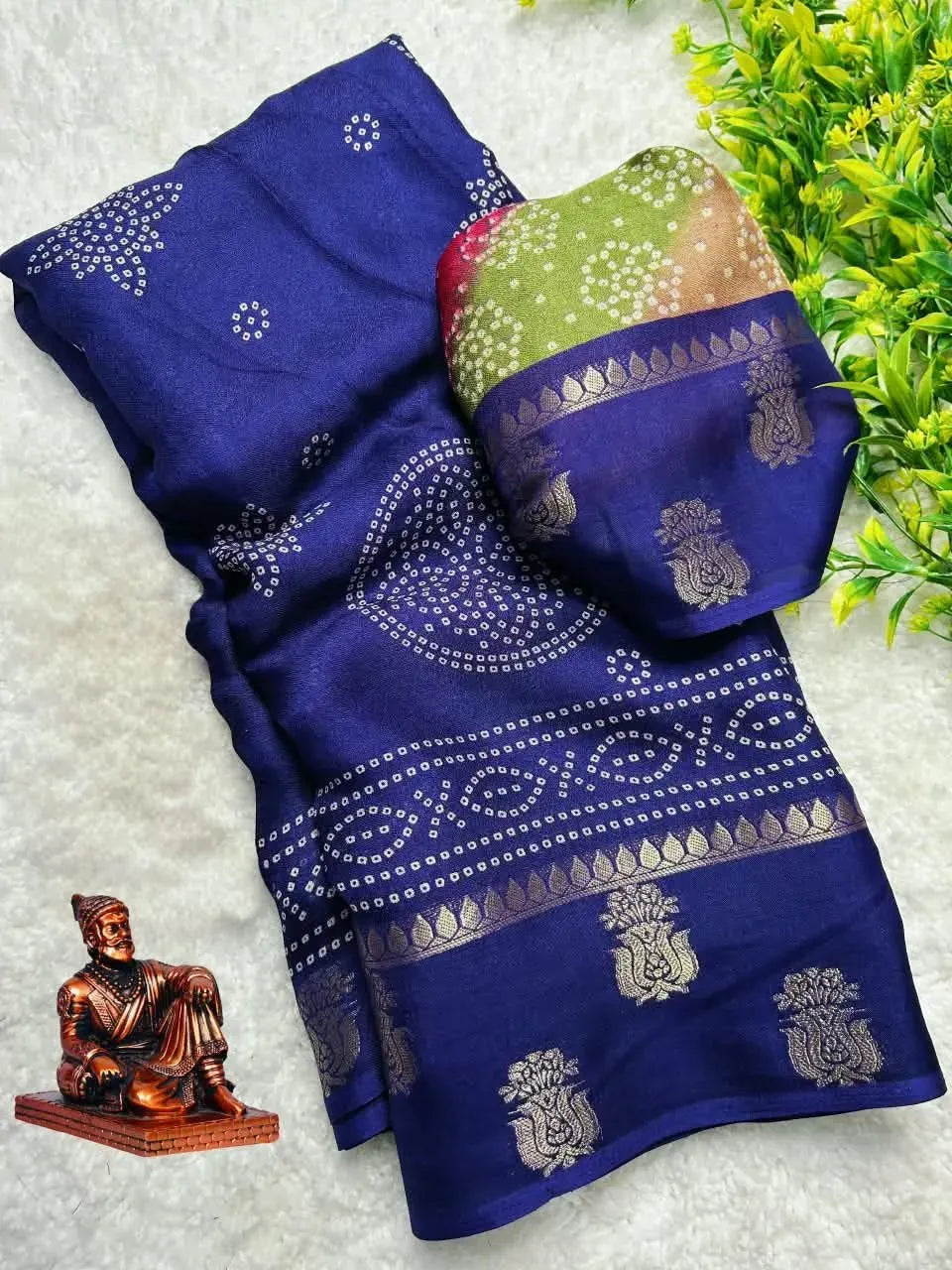Royal blue bandhani ajrakh print saree with gold jacquard border