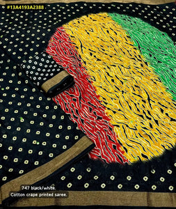 Trending Bandhani Cotton Crape Saree - Aari Mirror Work with Zari Pattu Border for Spring Festival Wear