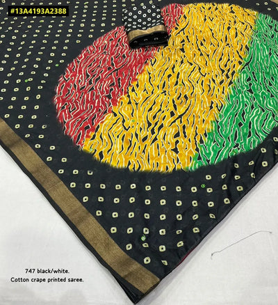 Trending Bandhani Cotton Crape Saree - Aari Mirror Work with Zari Pattu Border for Spring Festival Wear