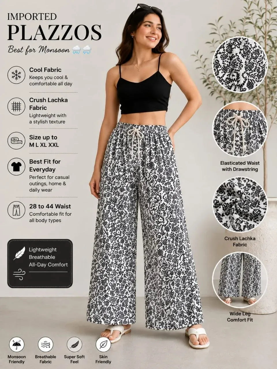 Model wearing black and white printed palazzo pants with monsoon fabric details