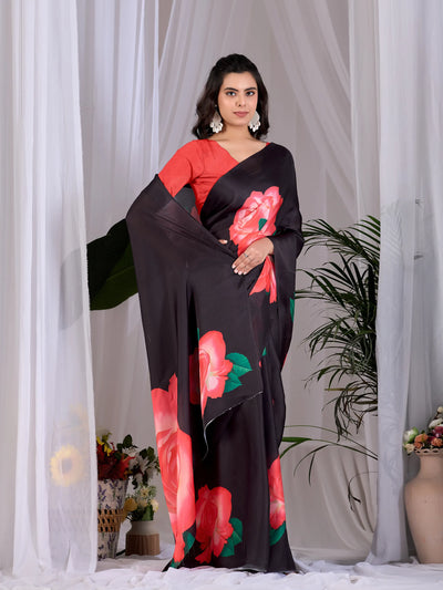 Trending Black Georgette Saree - Elegant Printed Floral Design for Parties