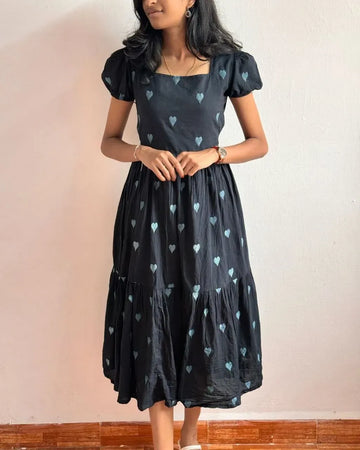 Trending Black Maxi Dress - Elegant Heart Embroidery for Festive Wear