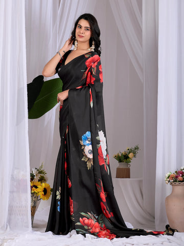 Trending Black Printed Saree - Soft Satin Georgette for Effortless Style