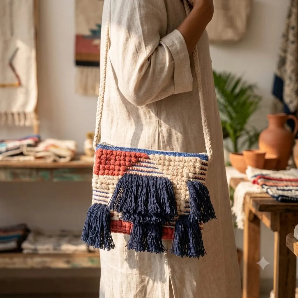 Model wearing a beige linen dress carrying a textured boho cotton sling bag with navy blue tassels