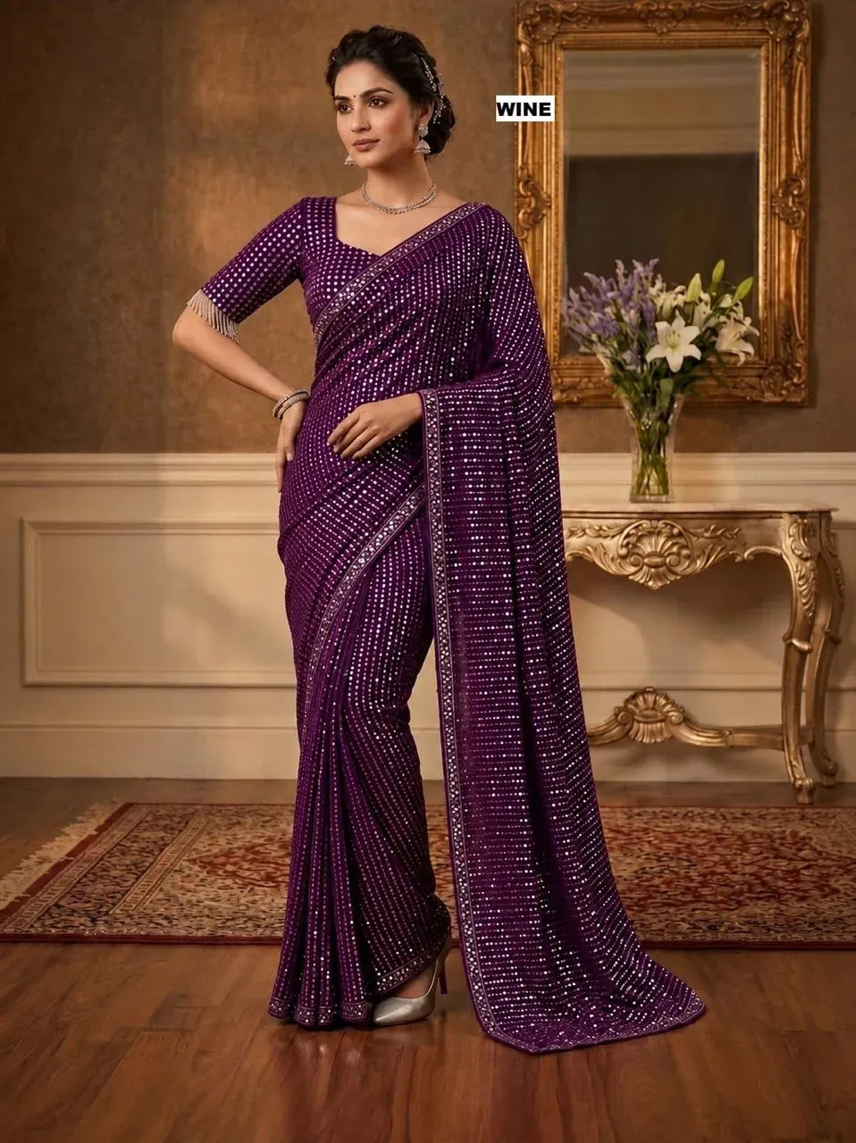 Wine georgette saree with 5mm sequins and embroidery on model