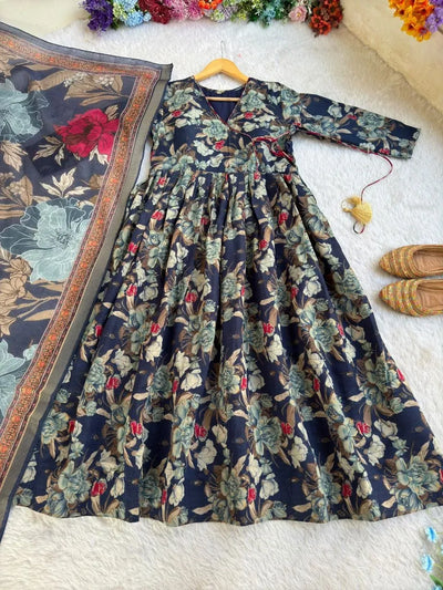 Trending BSY Roman Silk Gown - Designer Angrakha Pattern with Dupatta
