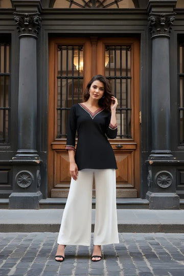 Trending Casual Girls Black V-Neck Tunic Top - Best Daily Wear Rayon Top for Women