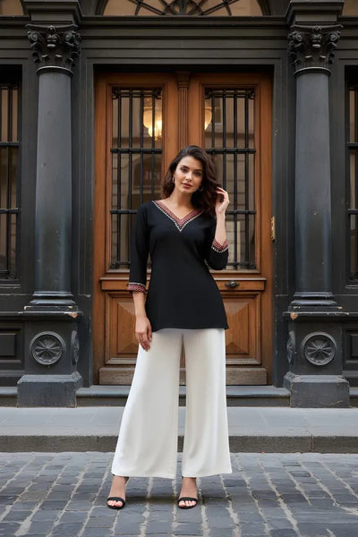 Trending Casual Girls Black V-Neck Tunic Top - Best Daily Wear Rayon Top for Women